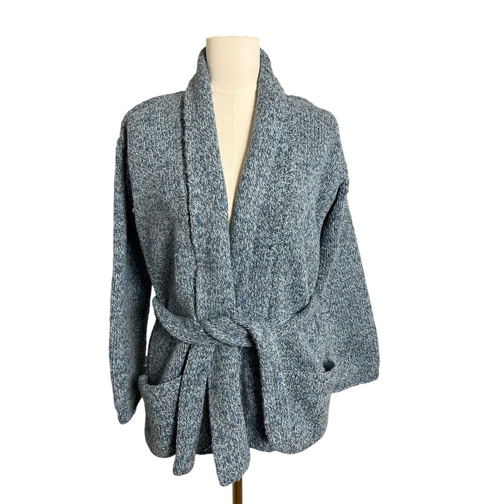 Maria Parisi Italy Belted Cardigan Blue Marled Knit Pockets Cozy Sweater Heavy